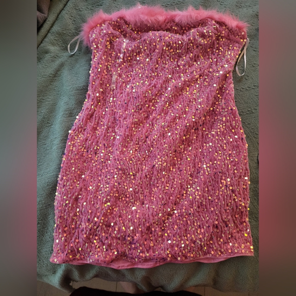 SHEIN Pink Strapless Dress with Gold Sequins
